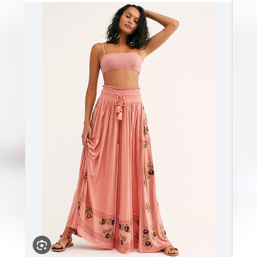 NWT RARE Free People Bali Lola Pants M Wide Leg Embroidered Pockets